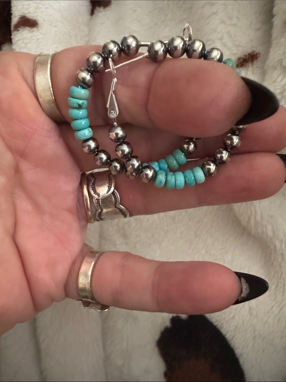 Turquoise Beaded 925 Silver Hoop Earrings - Women Jewelry - Picture 3 of 4